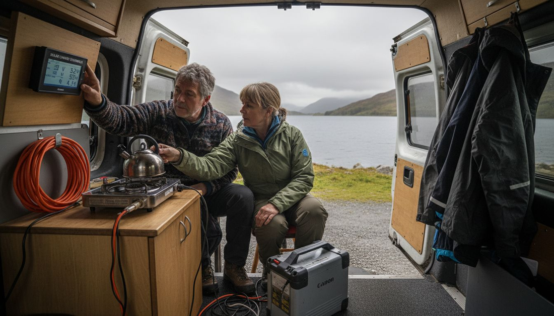 Couple using off-grid power system in campervan