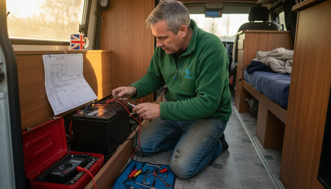 Man inspecting lithium battery setup in campervan