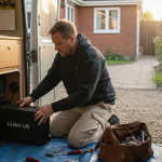 Installer places lithium battery in campervan
