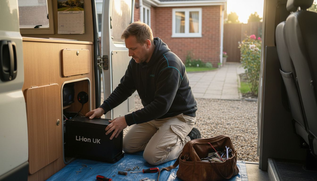 Installer places lithium battery in campervan