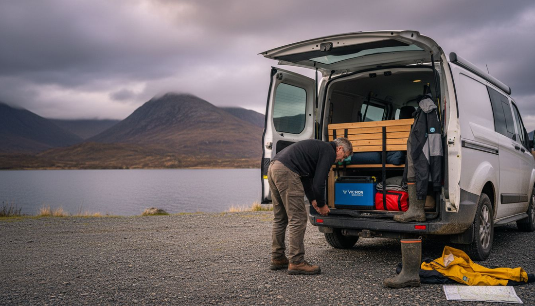 Campervan unloading with lithium battery visible