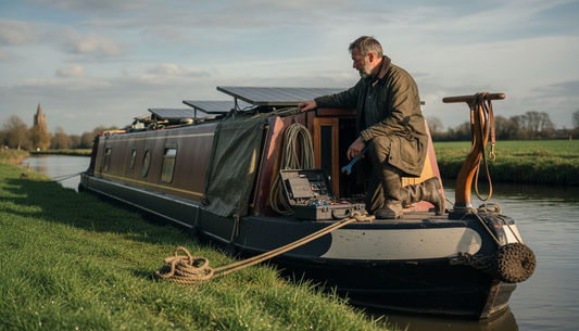 Boat owner inspecting solar panels dockside
