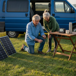 Couple setting up solar panels by campervan