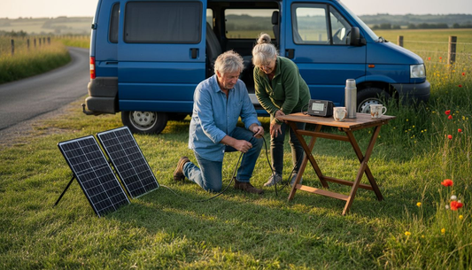 Couple setting up solar panels by campervan