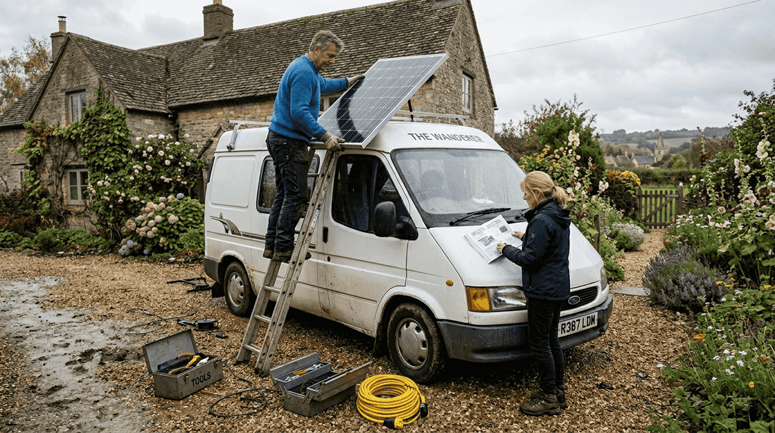 Couple installing solar panel on campervan roof