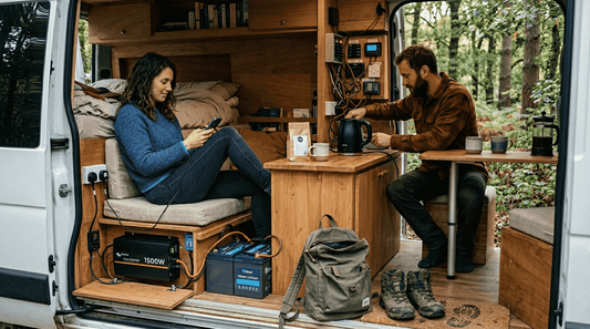 Couple using inverter inside campervan