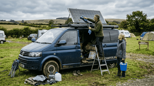 Couple cleaning solar panel on campervan