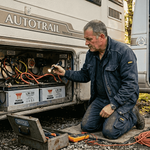 Man inspecting motorhome battery wiring compartment