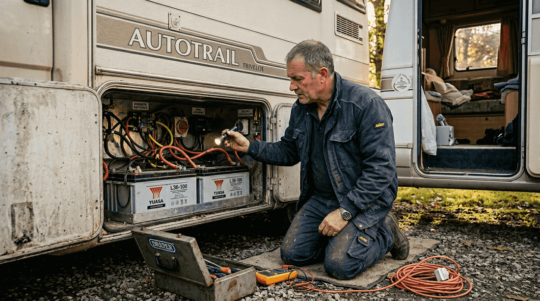 Man inspecting motorhome battery wiring compartment