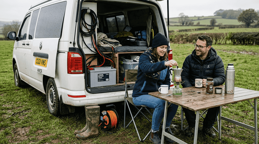 Couple at campervan showing battery storage setup