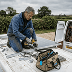 Man installs solar panel on campervan roof