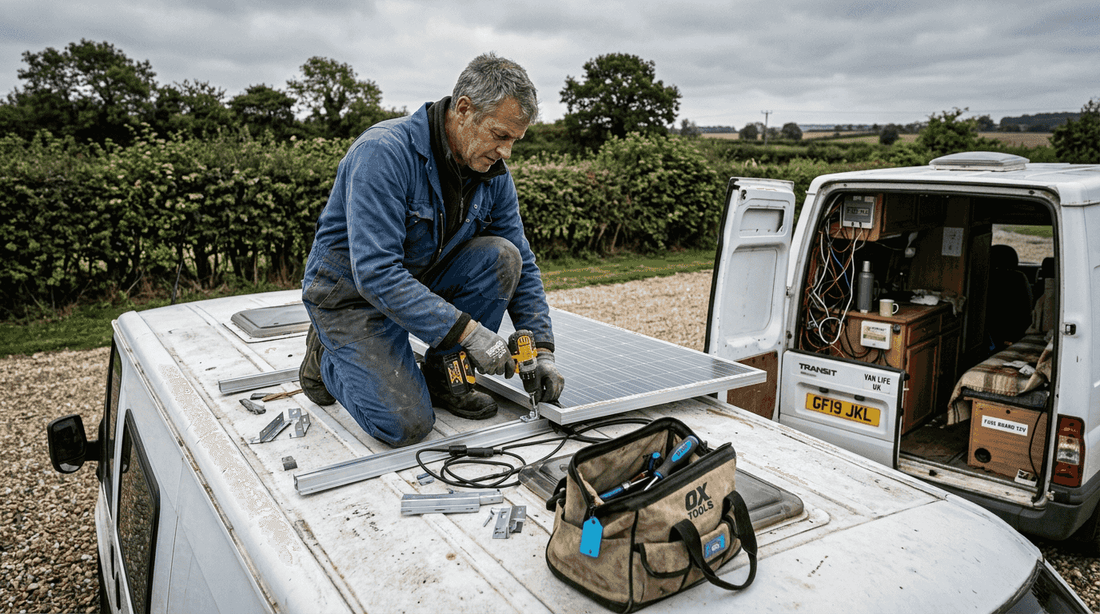 Man installs solar panel on campervan roof
