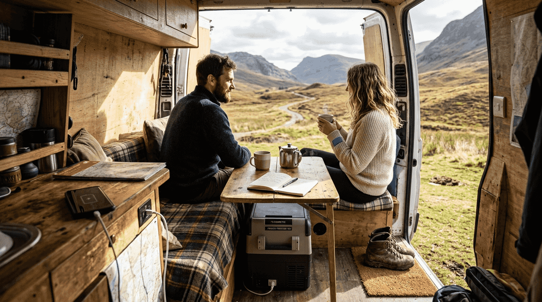 Couple using energy storage in campervan interior