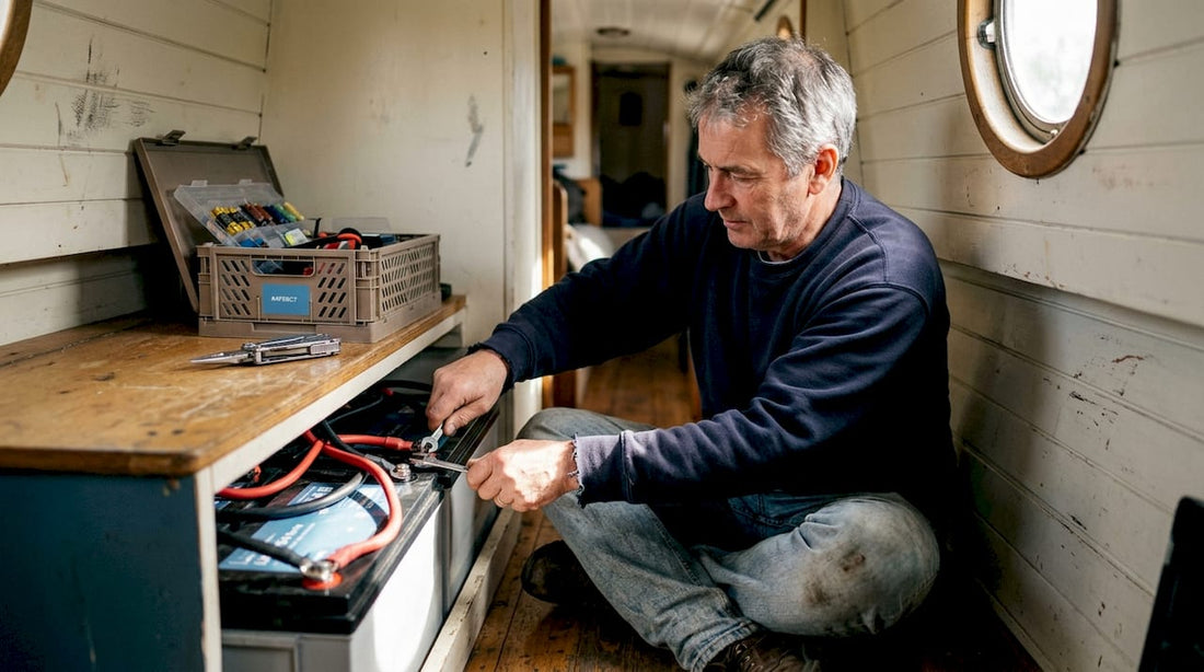 Boat owner installing lithium battery bank