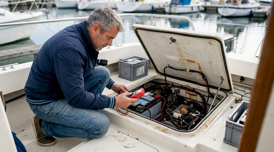 Boat owner inspecting marine battery in engine