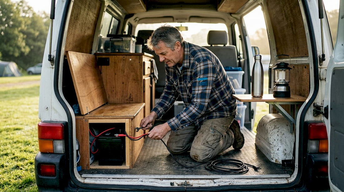 Campervan owner installing lithium battery