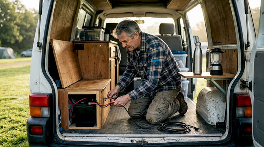 Campervan owner installing lithium battery