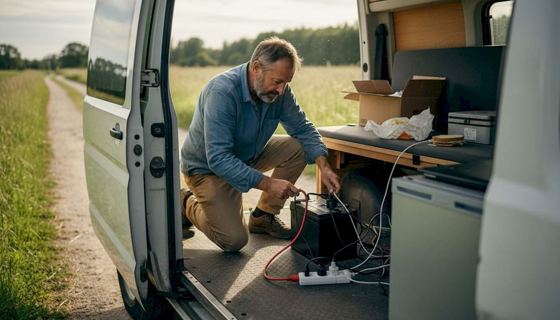Person installing leisure battery in campervan