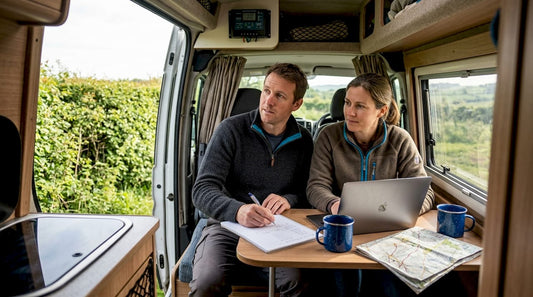 Couple reviewing campervan solar setup inside van