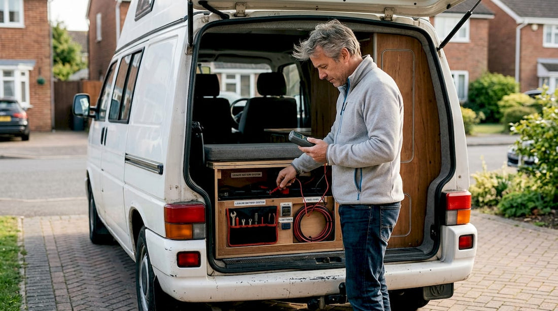 Campervan owner checking electrical setup