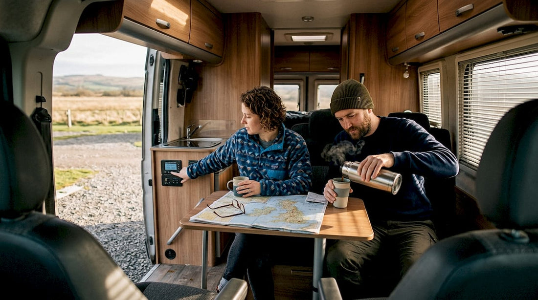 Couple using campervan off-grid power inside van