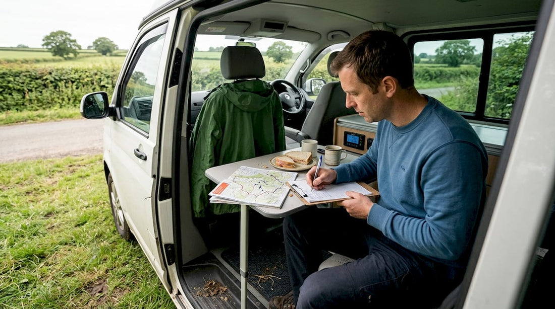 Man checks campervan power system in field
