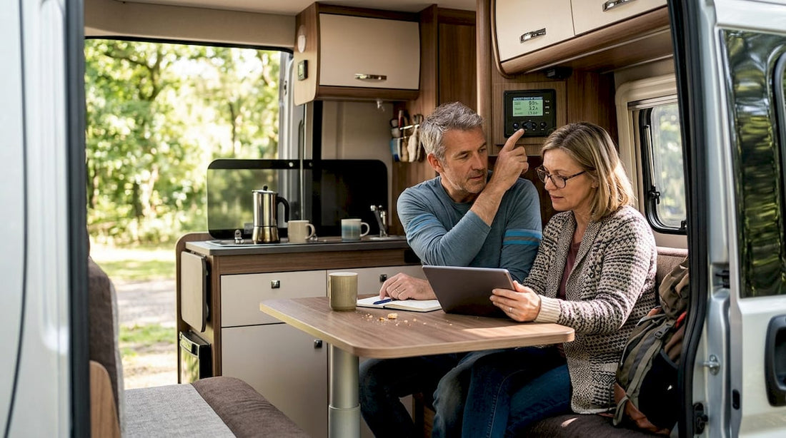 Couple checking battery panel in campervan interior