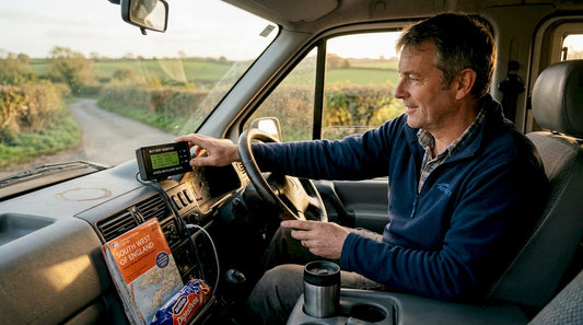 Man checking battery monitor in camper van