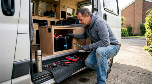 Person installing lithium battery in campervan