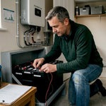 Man checking off-grid battery system connections
