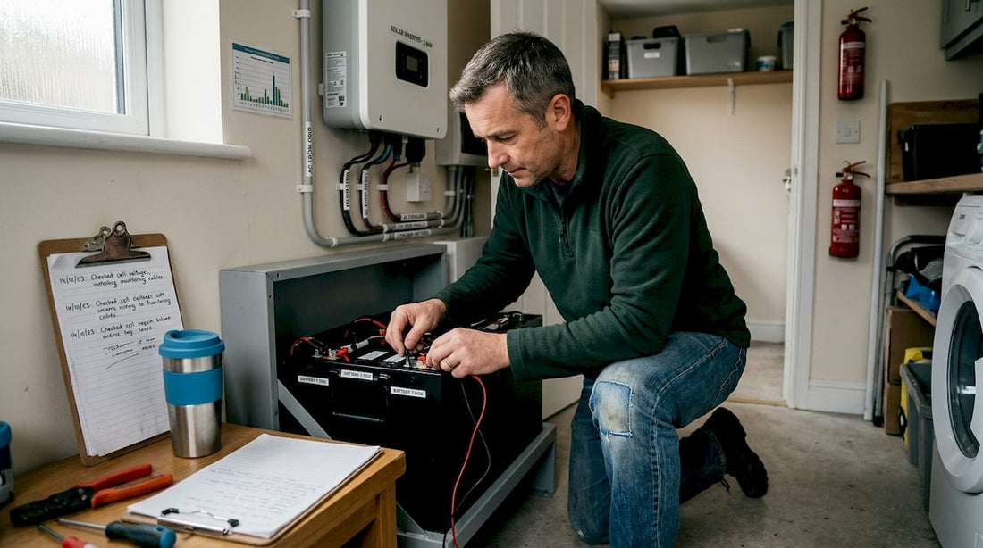 Man checking off-grid battery system connections