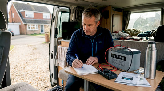 Man checks energy storage setup in campervan