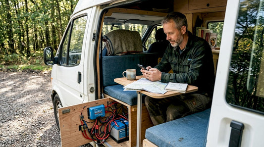 Man checking integrated campervan power system