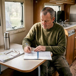 Man recording energy use in campervan interior