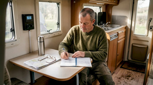 Man recording energy use in campervan interior