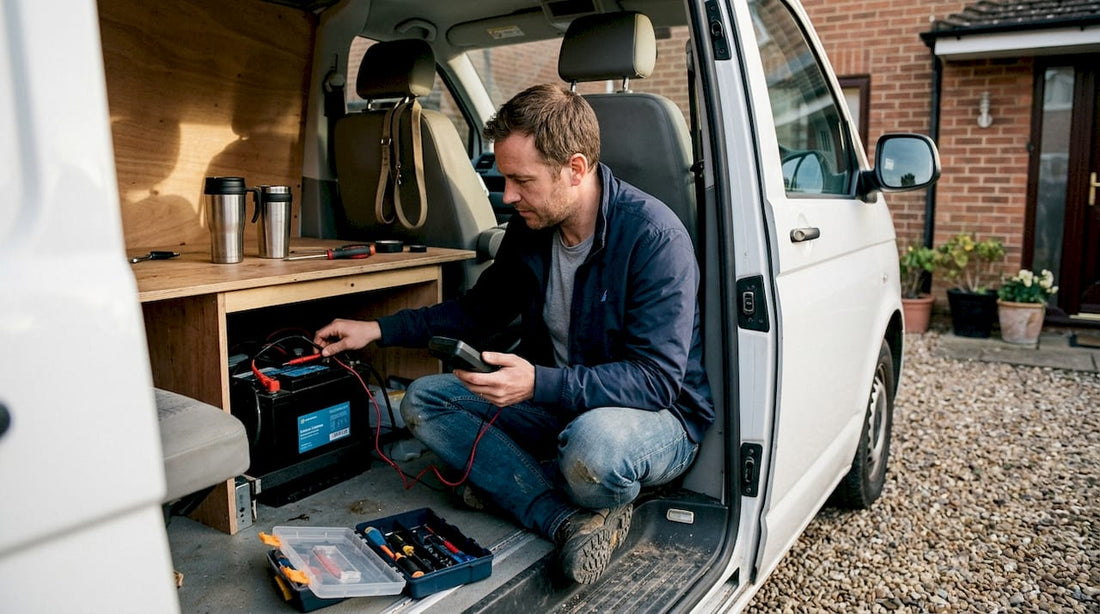 Man checking campervan lithium battery inside van