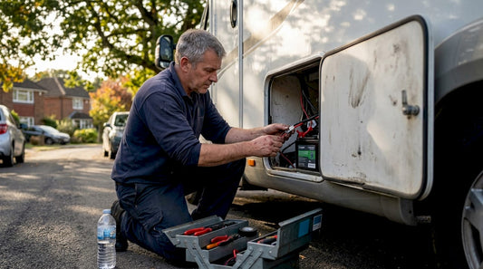 Technician installs modular battery in motorhome