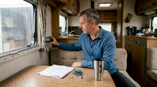 Man checking battery monitor in RV