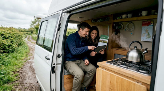 Couple managing campervan energy in rural UK setting