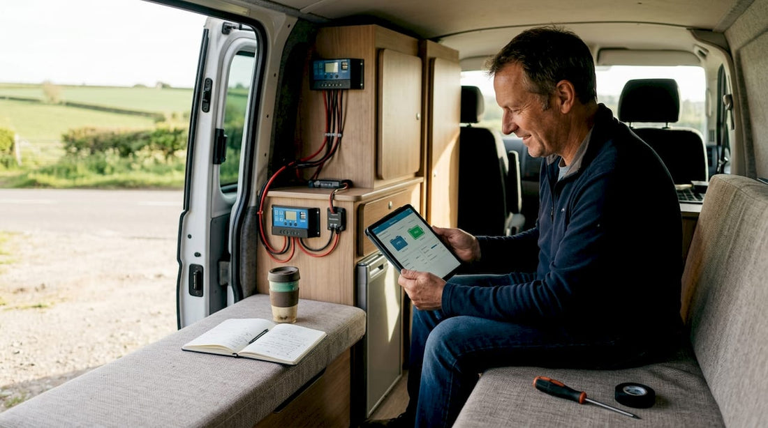 Campervan user monitoring battery with tablet
