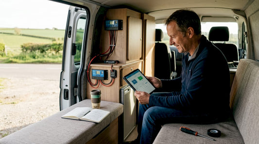 Campervan user monitoring battery with tablet