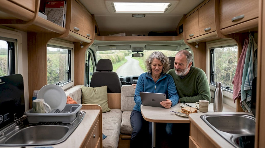 Couple reviewing motorhome solar power stats