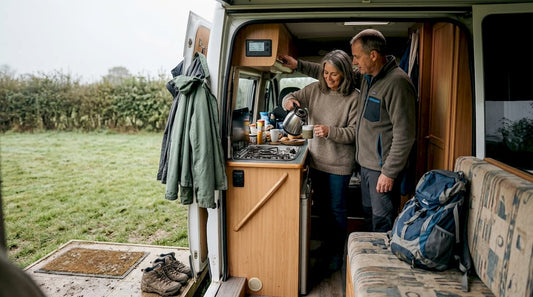 Couple using off-grid power in campervan