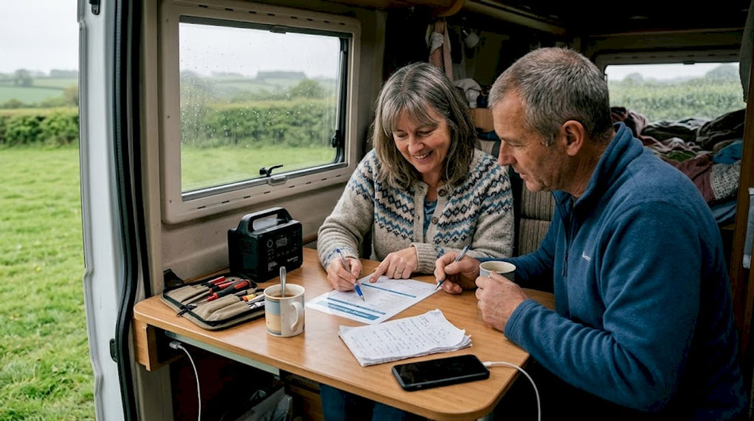 Motorhome couple reviewing energy checklist