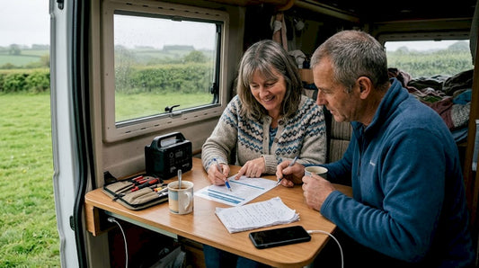 Motorhome couple reviewing energy checklist