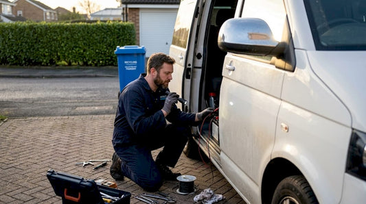 Technician inspecting campervan battery compartment
