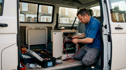 Technician wiring lithium battery in campervan