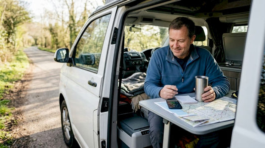 Man checking Bluetooth battery in camper van