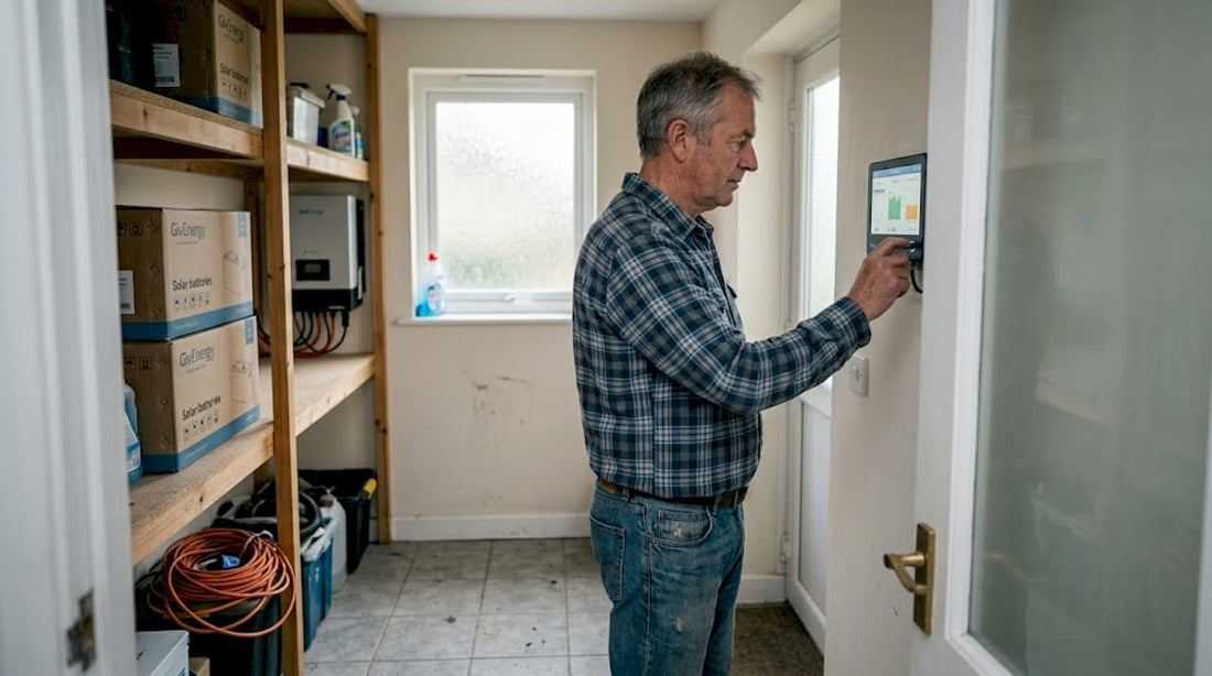 Man checks off-grid power system in home