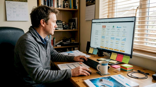 Person comparing electronics brands at home office desk